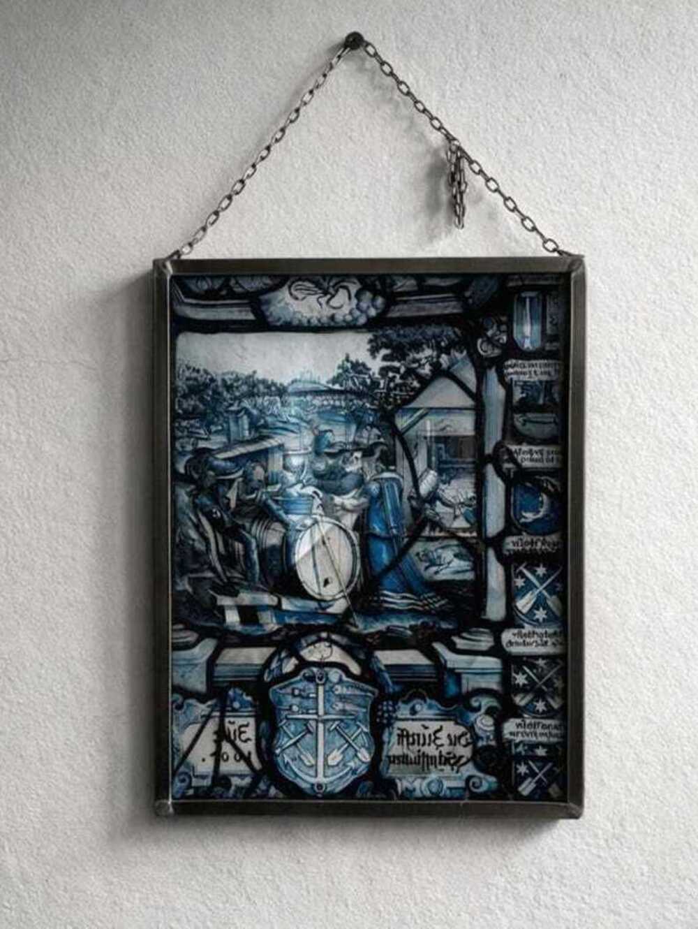 Guild Crest Art Indigo Glass Panel, Swiss History Art, Vintage Gothic Rope